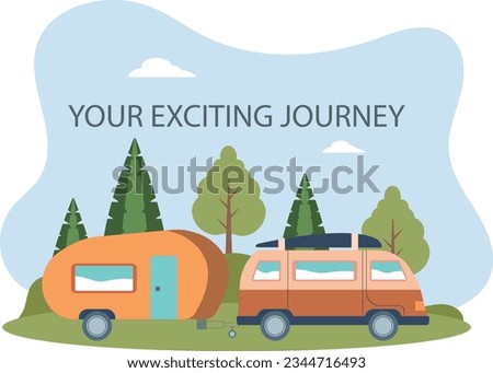 Truck with camping. Your delightful journey, active lifestyle and tourism. Hiking and active lifestyle.flat vector illustration.