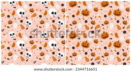 Set of Seamless patterns of skulls, pumpkins and flowers on pink background. Cute and funny festive Halloween template. Flat style illustration. Scandinavian hand drawn style for festive print	
