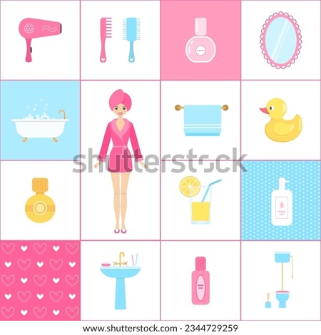 Bathroom and accessories for women. Doll house. Clipart. Doll house. Cartoon flat style. Vector illustration