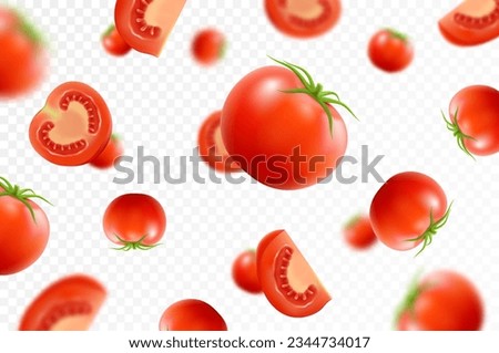 Tomato background. Falling fresh ripe tomatoes, isolated on transparent background. Selective focus. Flying defocusing red tomato. Applicable for ketchup, juice advertising. Realistic 3d vector Royalty-Free Stock Photo #2344734017