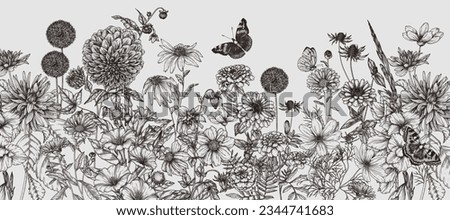 Seamless horizontal pattern autumn garden. Dahlia, cosmos, zinnia, marigold, calendula, rudbeckia, gladiolus, datura, eryngium, allium and butterflies in engraving style Royalty-Free Stock Photo #2344741683