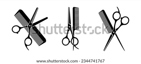 Scissors and hairbrush graphic icon set. Sign crossed scissors and hairbrush isolated on white background. Barbershop symbols. Vector illustration 10 eps.