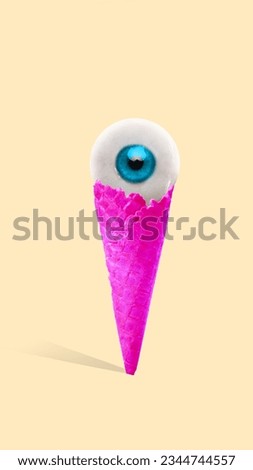 Modern conceptual art poster of bright rose-purple waffle ice cream cone with one blue eye over beige background. Collage of contemporary art. Summer vibe. Concept of food, refreshing Royalty-Free Stock Photo #2344744557