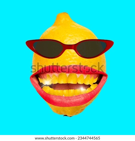 Funny art collage. Concept lemon wearing sunglasses, with red lips against vivid blue background. Concept of modern food, health.