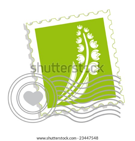 Postage stamp with lily of the valley for st.valentine day. Vector illustration.