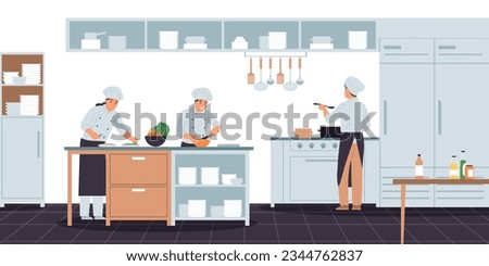 Cooks composition with indoor view of modern restaurant kitchen and characters of professional cooks preparing meals vector illustration Royalty-Free Stock Photo #2344762837