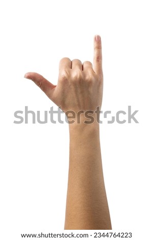 Woman hand in shaka or calling gesture isolated on white background, with clipping path. Full Depth of field. Focus stacking