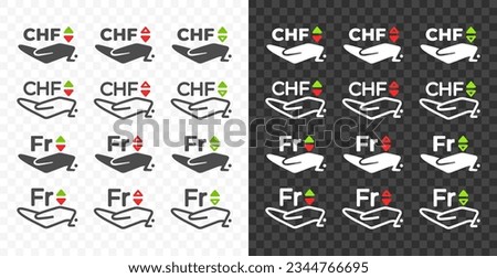 Hand and Swiss, frank, CHF with up and down arrow currency exchange rate vector design. Foreign currencies and exchange rates value graphic design. Currency trade chart icons