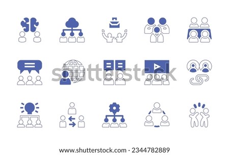 Teamwork icon set. Duotone style line stroke and bold. Vector illustration. Containing brainstorm, teamwork, meeting, discuss, world, chat, link, understand, mediator.