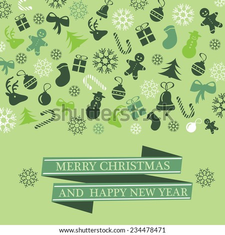 Christmas card with Xmas decorations - green vector illustration