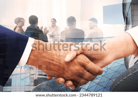 Deal or partnership concept. Multiple exposure with cityscape and photos of businesspeople