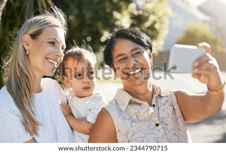 Mom, grandmother and baby take a selfie on holiday vacation for photography in summer together. Social media, mom and grandma bonding or taking outdoor pictures with kid for a happy family memory