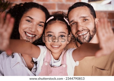 Selfie of happy family in home, parents and kid with smile, bonding and relax in living room. Portrait of mom, dad and girl child on couch in apartment with man, woman and daughter together in Brazil Royalty-Free Stock Photo #2344790813