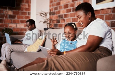 Ok, learning and a mother with a tablet and a child for a cartoon, movies or games on the sofa. Smile, perfect and an African family, mom or girl kid with technology for social media in a house