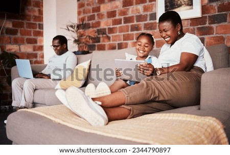 Relax, smile and tablet with black family on sofa for technology, learning and social media. Streaming, website and happy with parents and child in living room of home for watching movies and cartoon