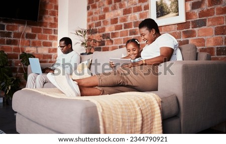 Relax, happy and tablet with black family on sofa for technology, learning and social media. Streaming, website and smile with parents and child in living room of home for watching movies and cartoon