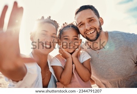 Portrait, parents and selfie of kid at beach for summer holiday, family vacation and travel together in Colombia. Mom, dad and girl child smile for picture, memory and freedom at ocean in sunshine