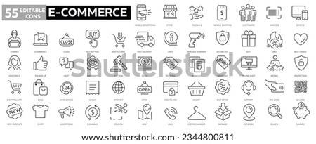 E-commerce, online shopping and delivery elements - minimal thin line web icon set. Outline icons collection. Simple vector illustration. editabale stroke icons. Royalty-Free Stock Photo #2344800811