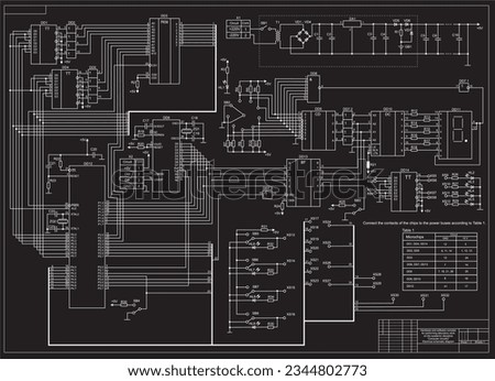 Electrical schematic diagram. Vector large drawing on a black background of a complex electrical circuit of an electronic device. Graduation project. Scheme 1. Royalty-Free Stock Photo #2344802773