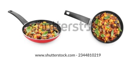 Tasty ratatouille in frying pan isolated on white, top and side views. Collage design Royalty-Free Stock Photo #2344810219