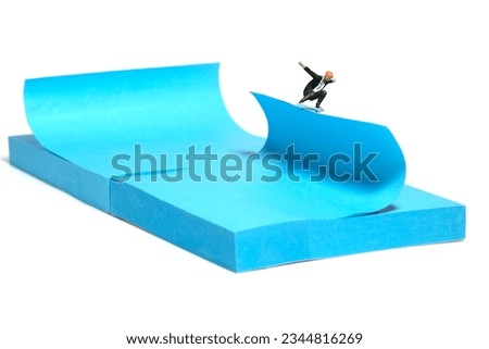 Creative miniature people toy figure photography. Sticky notes installation. A boy skater playing skateboarding sport at skate park. Isolated on white background. Image photo