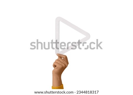 hand holding 3d media play button isolated on white background