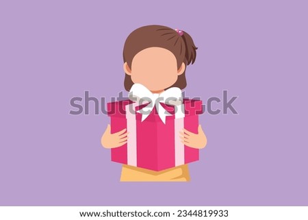 Graphic flat design drawing cute girl holding big ribbon bow wrapped gift box in front of her in arms. Little girl carries holiday gift with big red bow in her hands. Cartoon style vector illustration