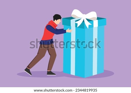 Graphic flat design drawing young man pushes in front of him huge gift. Giving gifts for holiday concept. Wrapped birthday gift box with bow. Present, gift, birthday. Cartoon style vector illustration
