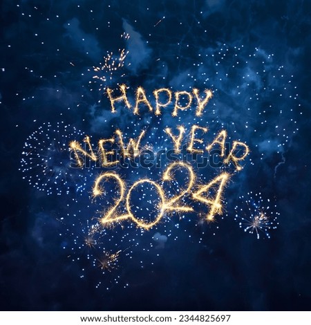 Happy New Year 2024. Beautiful New year congratulations. Square  creative holiday web banner or Greeting card with firework and sparkling text Happy New Year 2024 on night blue sky background Royalty-Free Stock Photo #2344825697