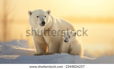 polar bear family, mother and baby together relax on snow. clean and bright white snowfield background with golden sun light.  Royalty-Free Stock Photo #2344826257