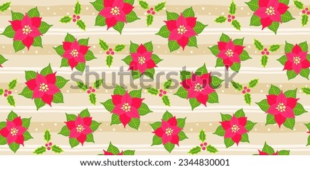 Poinsettia, mistletoe and Christmas Holly berries on a beige striped background. Christmas and New Year endless texture with traditional holiday plants. Vector seamless pattern for banner and giftwrap