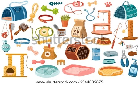 Pet shop assortment, animal accessories. Set of store supply items for domestic pets, beds, animal food, toys, transportation, rat cage, collars and feed. Vector hand draw illustration.