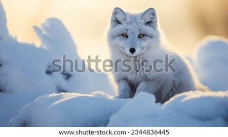 single cute little arctic fox relax on snow. clean and bright white snowfield background with golden sun light. beautiful polar scenery. 