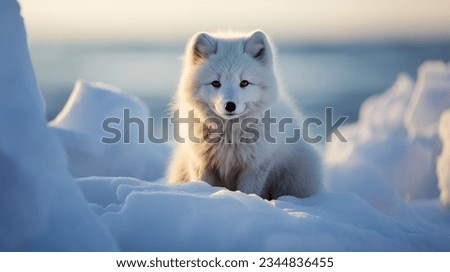 single cute little arctic fox relax on snow. clean and bright white snowfield background with golden sun light. beautiful polar scenery.  Royalty-Free Stock Photo #2344836455