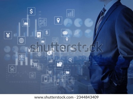 City landscape and sideways businessman and icon image