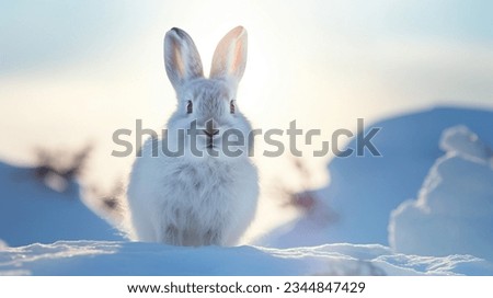 single cute arctic hare relax on snow. clean and bright white snowfield background with golden sun light. beautiful polar scenery. 