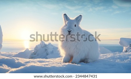 single cute arctic hare relax on snow. clean and bright white snowfield background with golden sun light. beautiful polar scenery.  Royalty-Free Stock Photo #2344847431