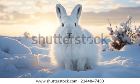 single cute arctic hare relax on snow. clean and bright white snowfield background with golden sun light. beautiful polar scenery.  Royalty-Free Stock Photo #2344847433