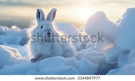 single cute arctic hare relax on snow. clean and bright white snowfield background with golden sun light. beautiful polar scenery. Royalty-Free Stock Photo #2344847977