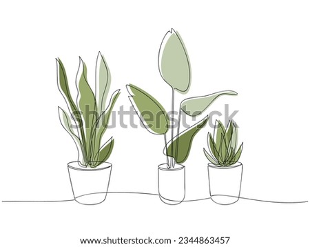 Vector botanical illustration. Line continuous house plant in pot. Outline drawing. Hand drawn linear icon set. Leaves silhouette. Graphic design, print, banner, card, poster, logo, sign, symbol.