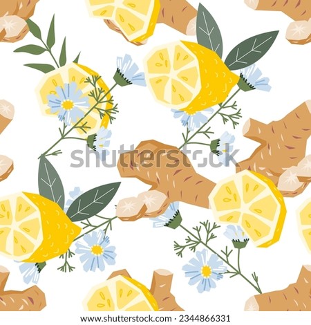 Herbal tea seamless pattern design with ginger, lemon and daisy flowers, hand drawn flat vector illustration on white background. Repeatable endless pattern with natural flu remedies. Royalty-Free Stock Photo #2344866331