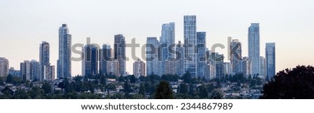 Panoramic View of Residential Apartment Home Buildings in Metrotown. Burnaby, Vancouver, BC, Canada. Sunny Sunset