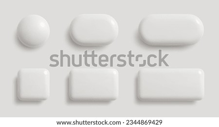 White monochrome 3D button set in different shapes. Blank glossy round, square and rectangle badges. Vector illustration Royalty-Free Stock Photo #2344869429
