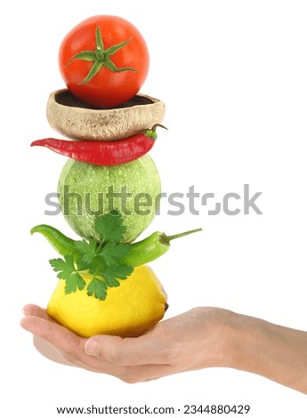 Healthy food, Fresh vegetables stack on a female hand isolated on white transparent background,