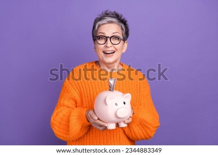 Photo of excited funky lady wear knitted pullover spectacles collecting cash piggy box isolated purple color background