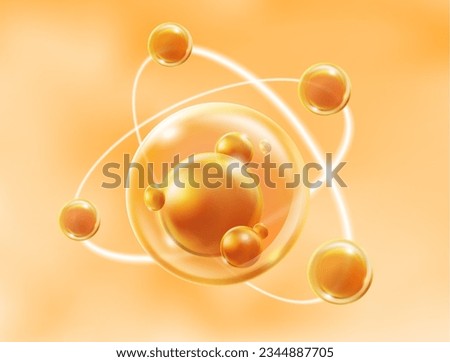 Moisturizer molecule or cosmetic serum oil, skin care vitamin bubble, molecules swirl orbit on orange background. Illustration 3d vector file Royalty-Free Stock Photo #2344887705