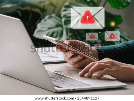 Email Spam concept. Business Woman hold smartphone , Business woman send E-mail virtual screen technology future wireless network connection over the world