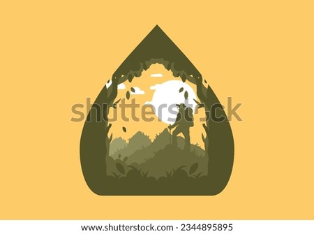 silhouette flat illustration design of a mountain climber standing on top of a hill
