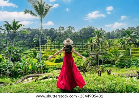Young female tourist in red dress looking at the beautiful tegalalang rice terrace in Bali, Indonesia Royalty-Free Stock Photo #2344905431