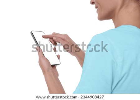 Woman using smartphone with blank screen on white background, closeup. Mockup for design